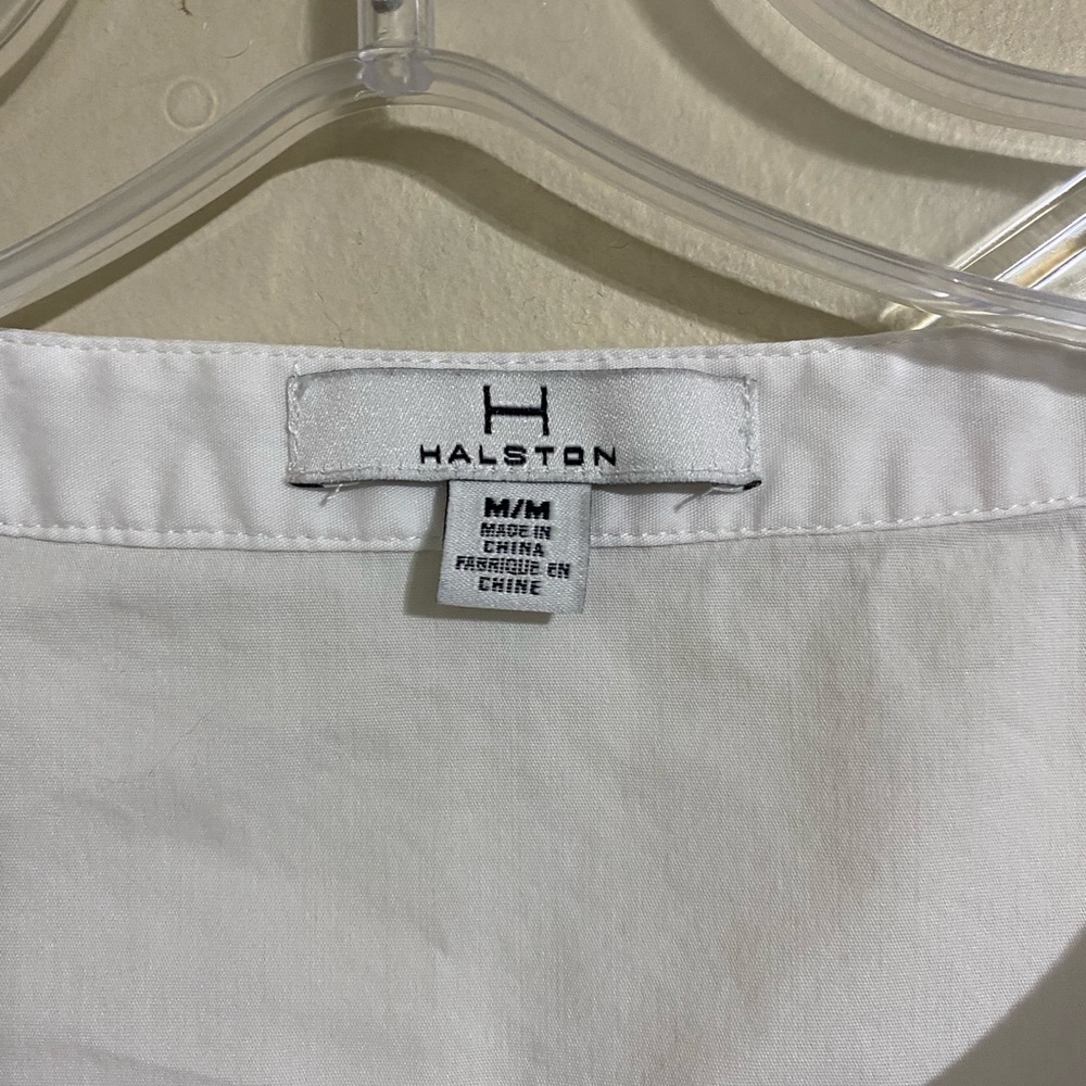 Halston white stretch button up blouse flare sleeve M - Picture 3 of 4
